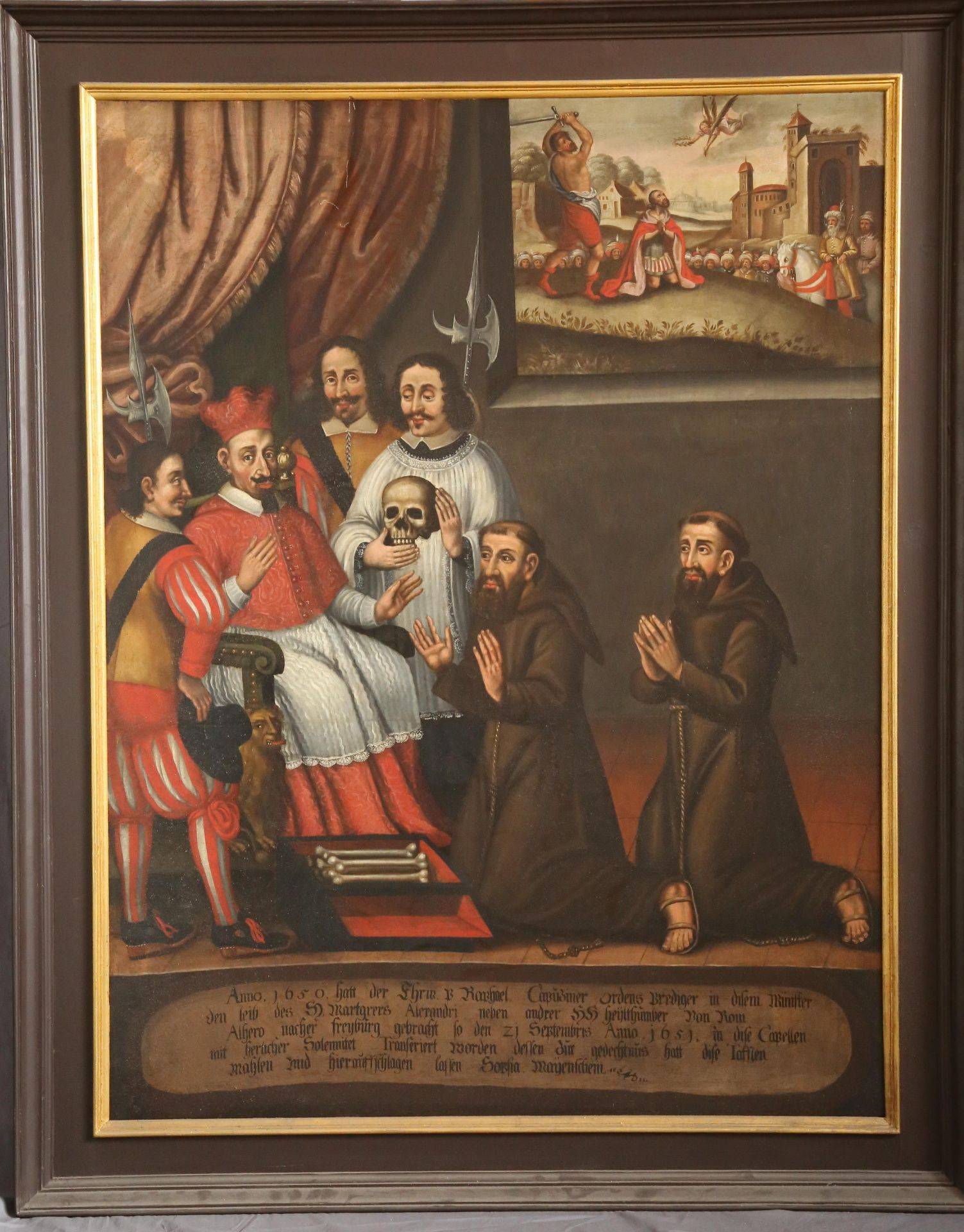 Gemälde der Reliquienübergabe durch Kardinal Ginetti an die Gebrüder Schächtelin; im Hintergrund das Martyrium Alexanders