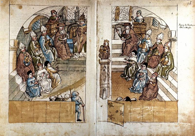 Quelle: anonym (https://commons.wikimedia.org/wiki/File:Richental_Konzilssitzung_Muenster.jpg), „Richental Konzilssitzung Muenster“, als gemeinfrei gekennzeichnet, Details auf Wikimedia Commons: https://commons.wikimedia.org/wiki/Template:PD-old